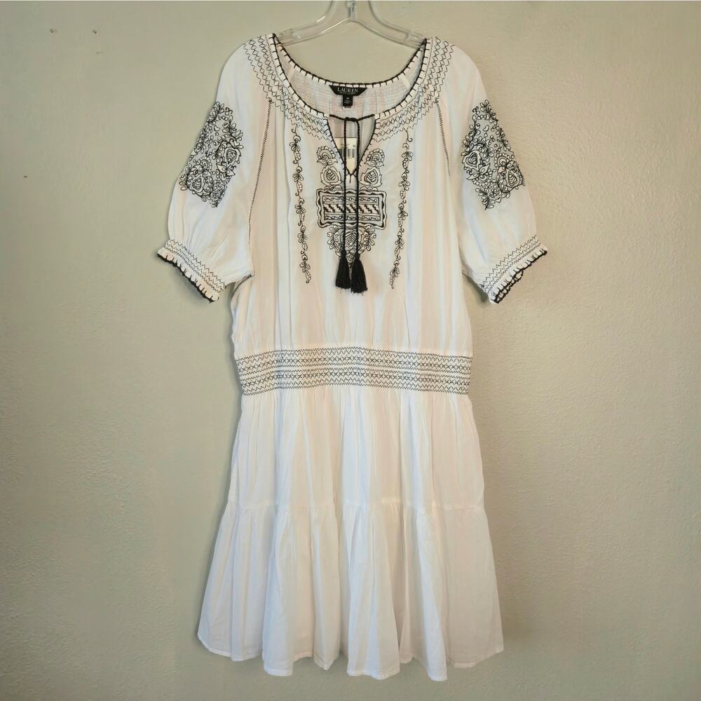 Euro Summer Embroidered Tiered Mini Dress 18 White Tassel Peasant Ralph Lauren